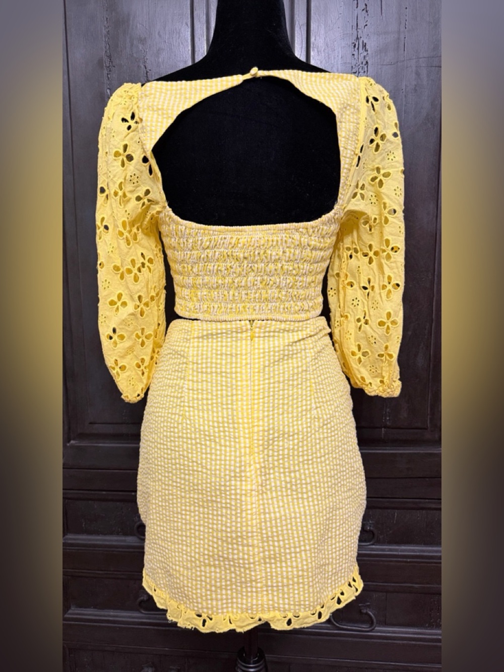 For Love Bell Lemons Picnic eyelet set gingham crop top puff sleeves w/ skirt -M - Picture 2 of 12